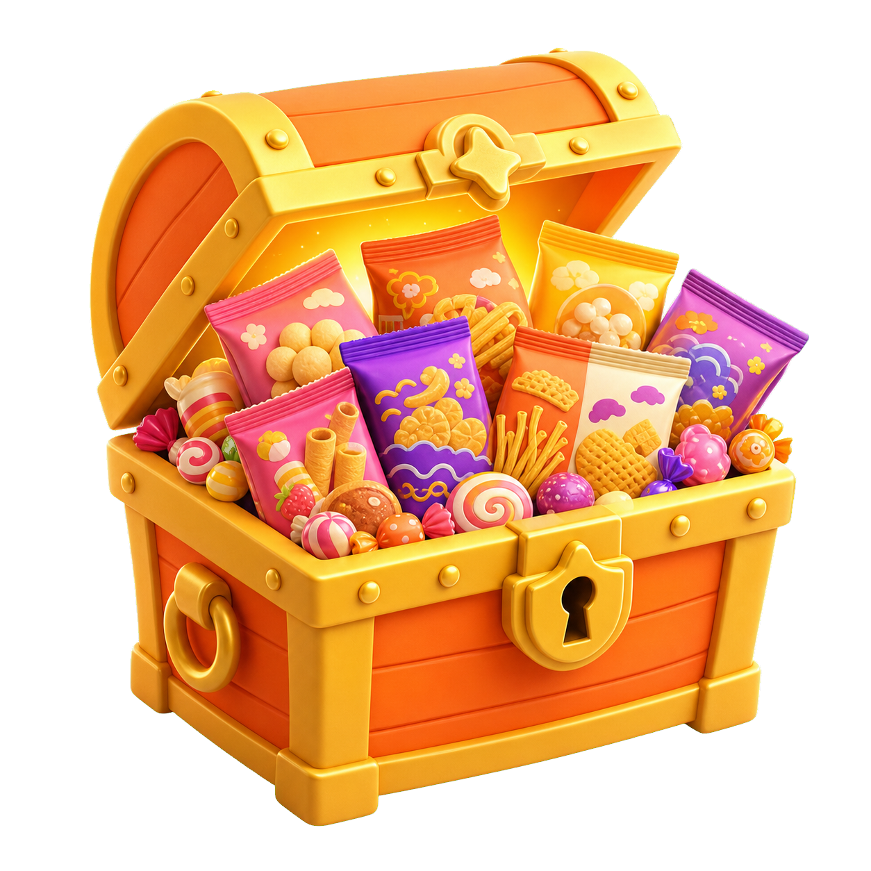 An open orange treasure chest overflowing with colorful snacks